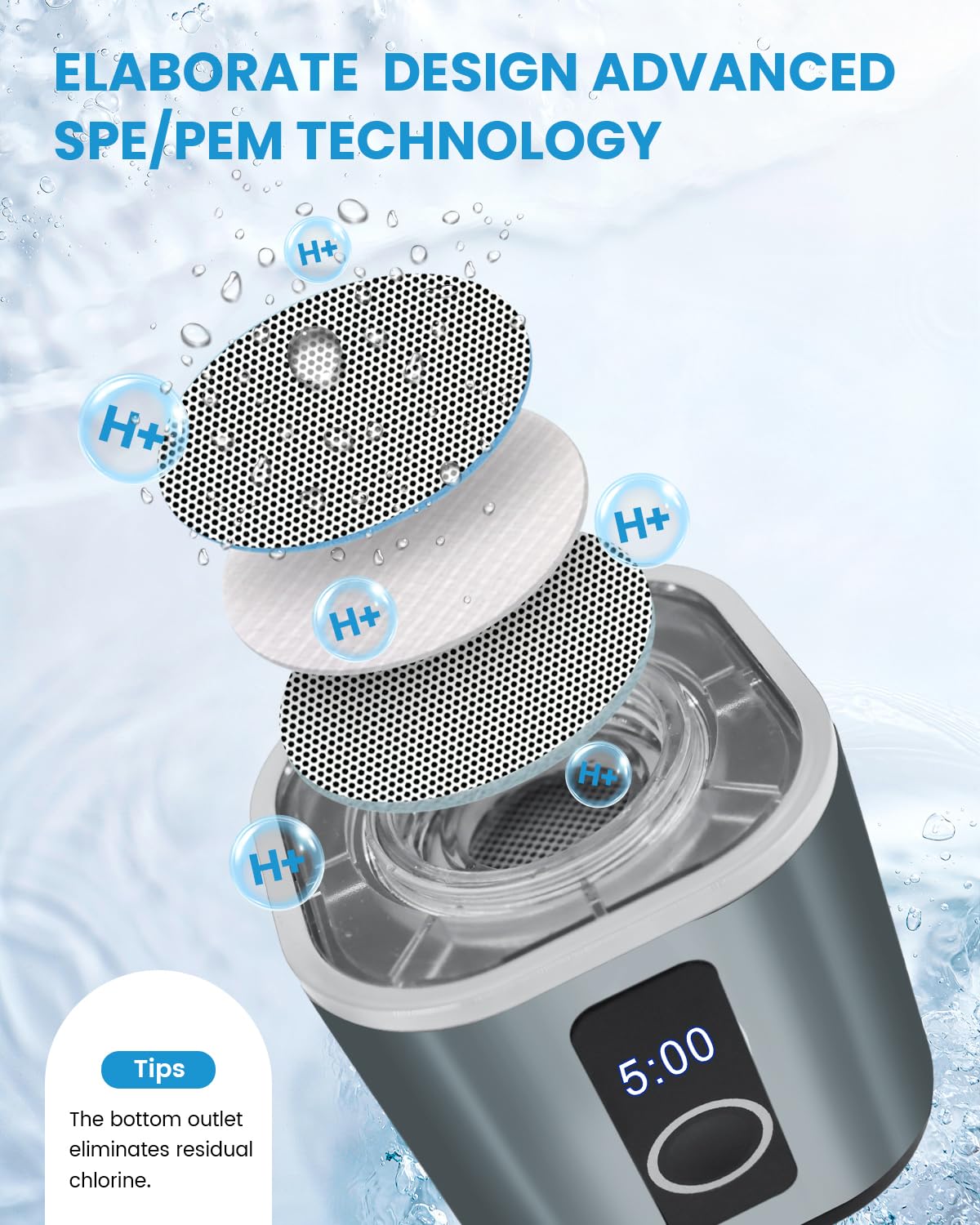 Portable SPE PEM Electrolytic Water Generator: Chlorine Odor Removal, LED Display (Up to 4000 PPB)，Rechargeable for Home, Office, Travel & Fitness – Fresh Drinking (10oz)