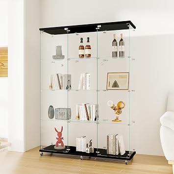 4-Tier Display Cabinet with 12 Compartments, Modern Glass Curio Cabinets with 2 Lockable Doors & 6 Lockable Wheels, Floor Standing Curio Bookshelf Collection Display Case (Black)