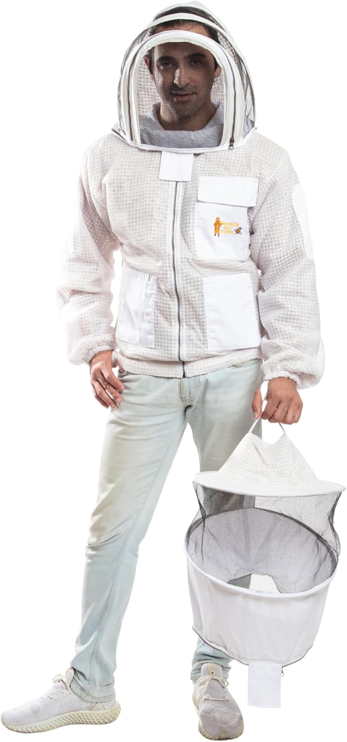 -- Beekeeping Fully Ventilated Jacket in Multi-Color with Round Veil (XL, White with Two Veils)
