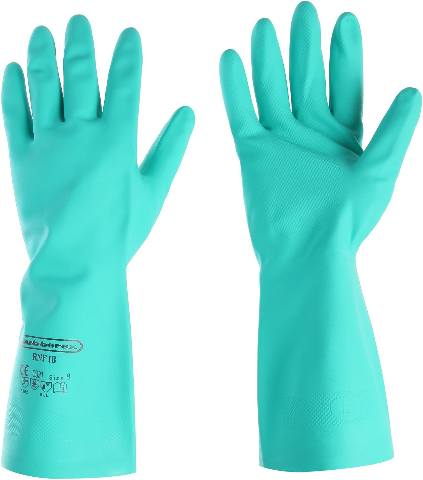 Rubberex RNF18 Cotton Flock lined Nitrile Gloves, Solvent Resistant, 0.46 mm Thickness, Green (Large, 2 Pairs)