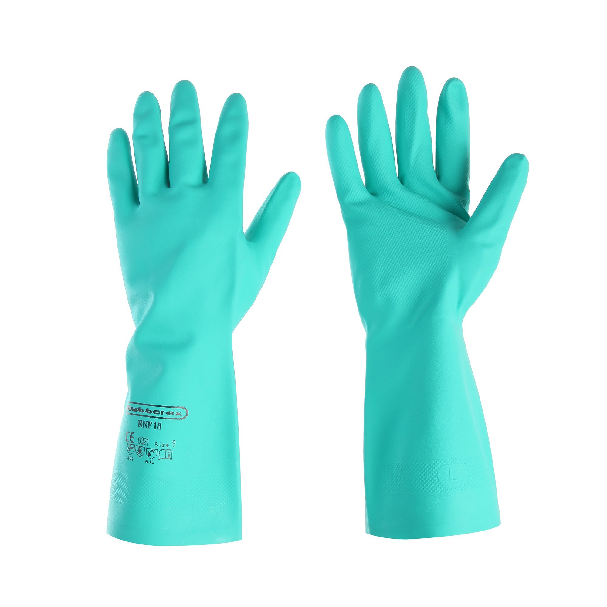 Rubberex RNF18 Cotton Flock lined Nitrile Gloves, Solvent Resistant, 0.46 mm Thickness, Green (Large, 2 Pairs)