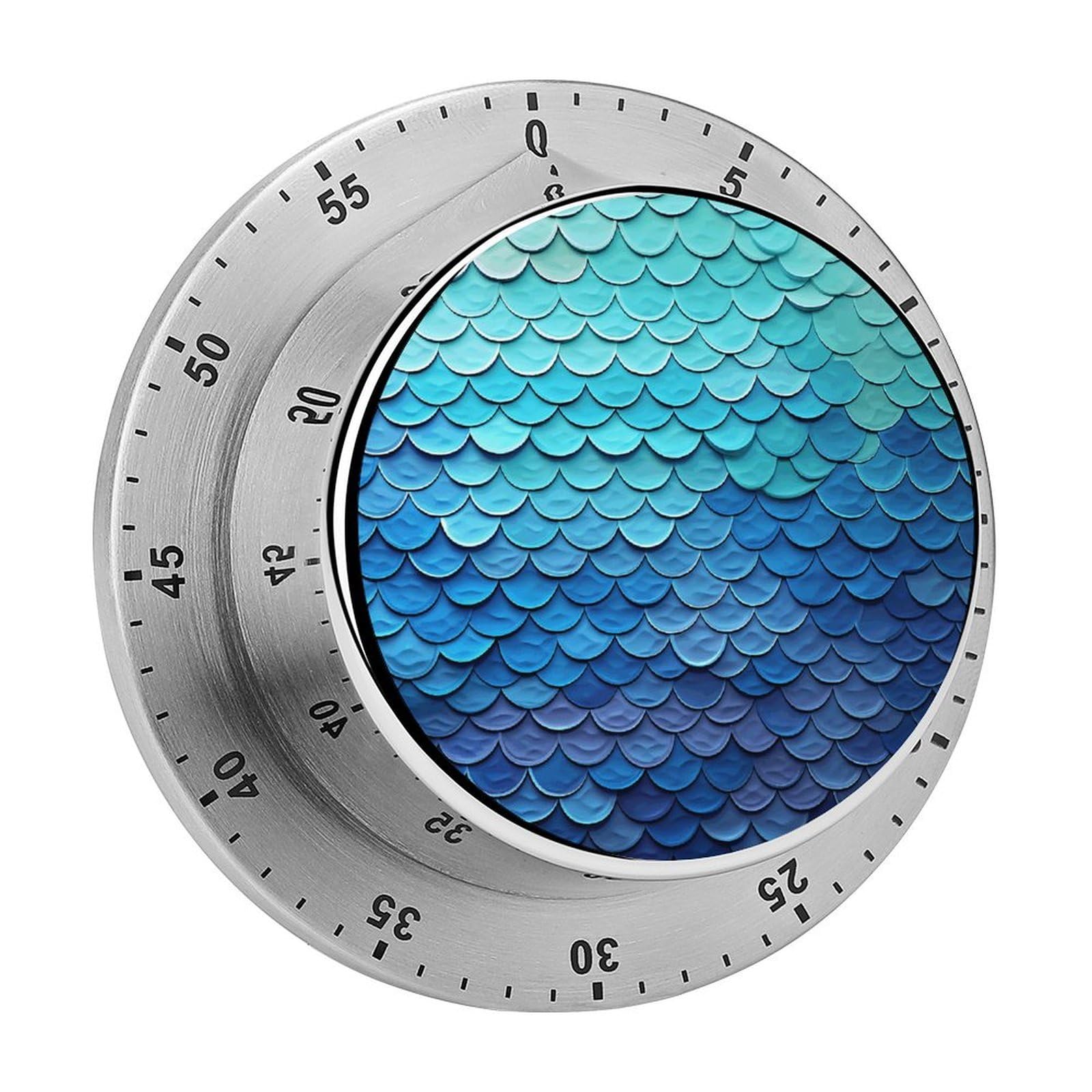 Ocean Sea Blue Mermaid Fish Scale Kitchen Timer Chef Cooking Timers Clock with Loud Alarm Exquisite Stainless Steel Mechanical Desk Timers Magnetic Backing 60 Minute Visual Timer for Work
