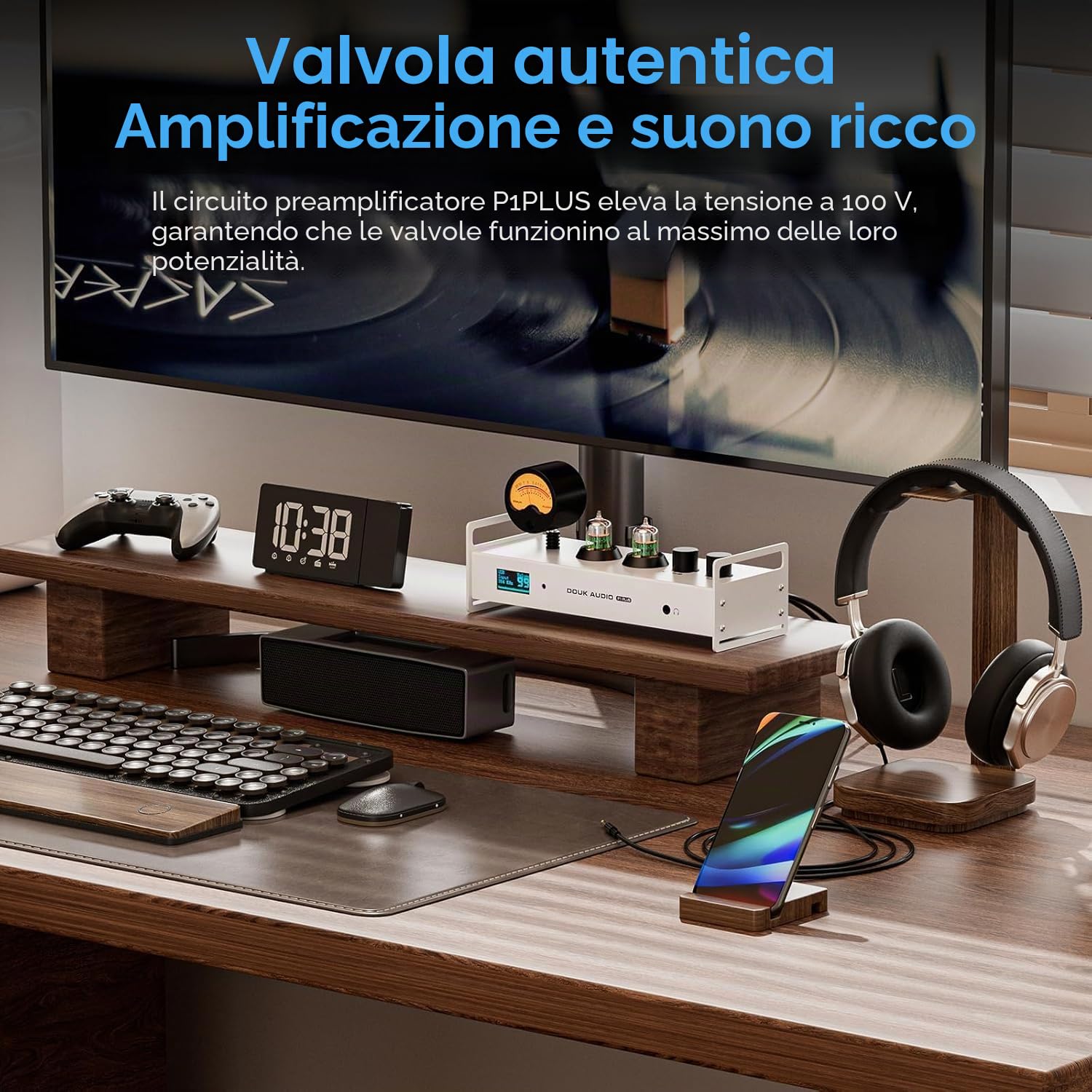 Douk Audio 2-Canale Bluetooth Tubo a Vuoto Preamplificatore, Hi-Fi Amplificatore per Cuffie, USB-DAC Scheda Audio PC, Ricevitore Audio Wireless Preamplificatore con VU-Meter, Ottico, Coassiale, APTX