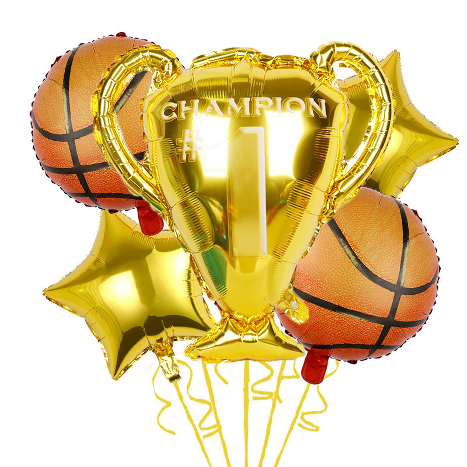 Basketball Balloons Set - Champion Theme Party Decorations for Adults - 5 Pack Foil Balloons Includes Trophy & Stars - Sports Themed Birthday Decor