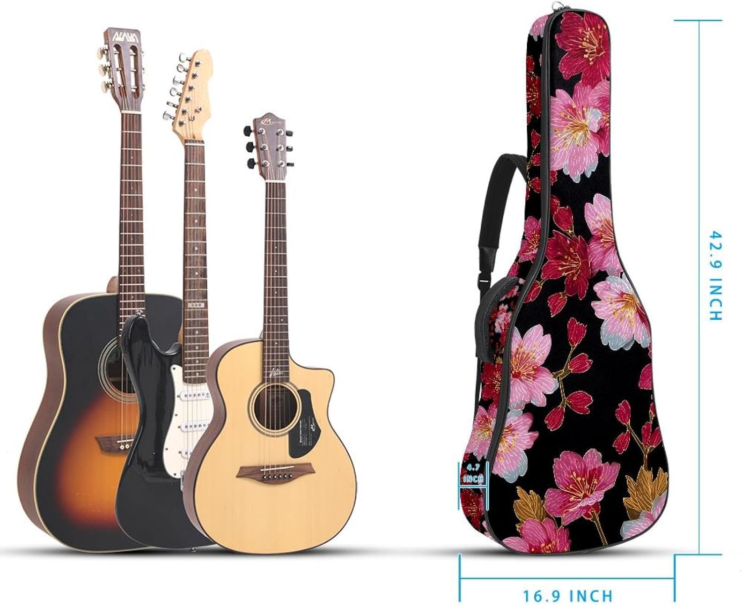 Acoustic Guitar Gig Bag 10mm Thick Padding, Soft Waterproof Guitar Case with Adjustable Backpack Straps for 40-42 Inch Guitar, Japanese Cherry Flowers Black Background