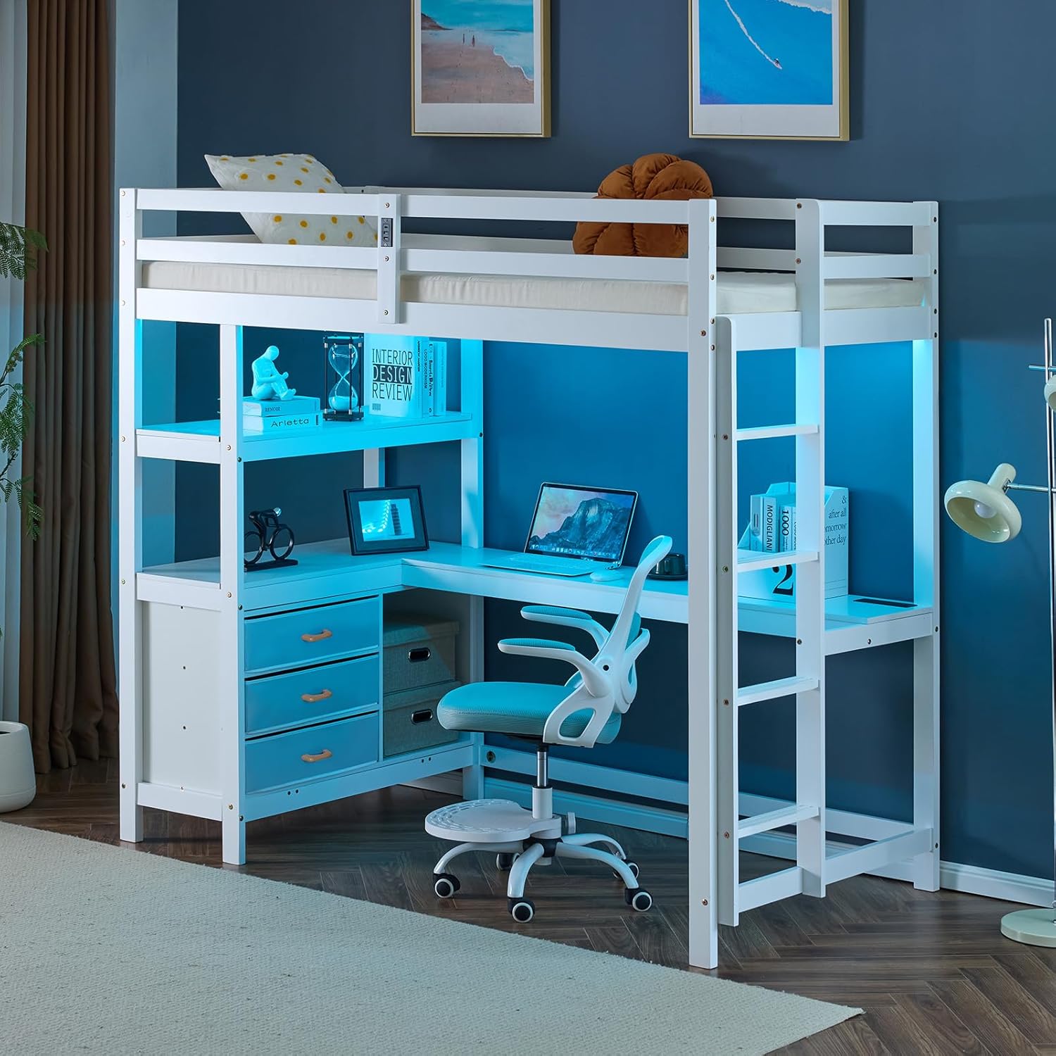 VINGLI Loft Bed Twin Size with RGB LED and Storage Drawers