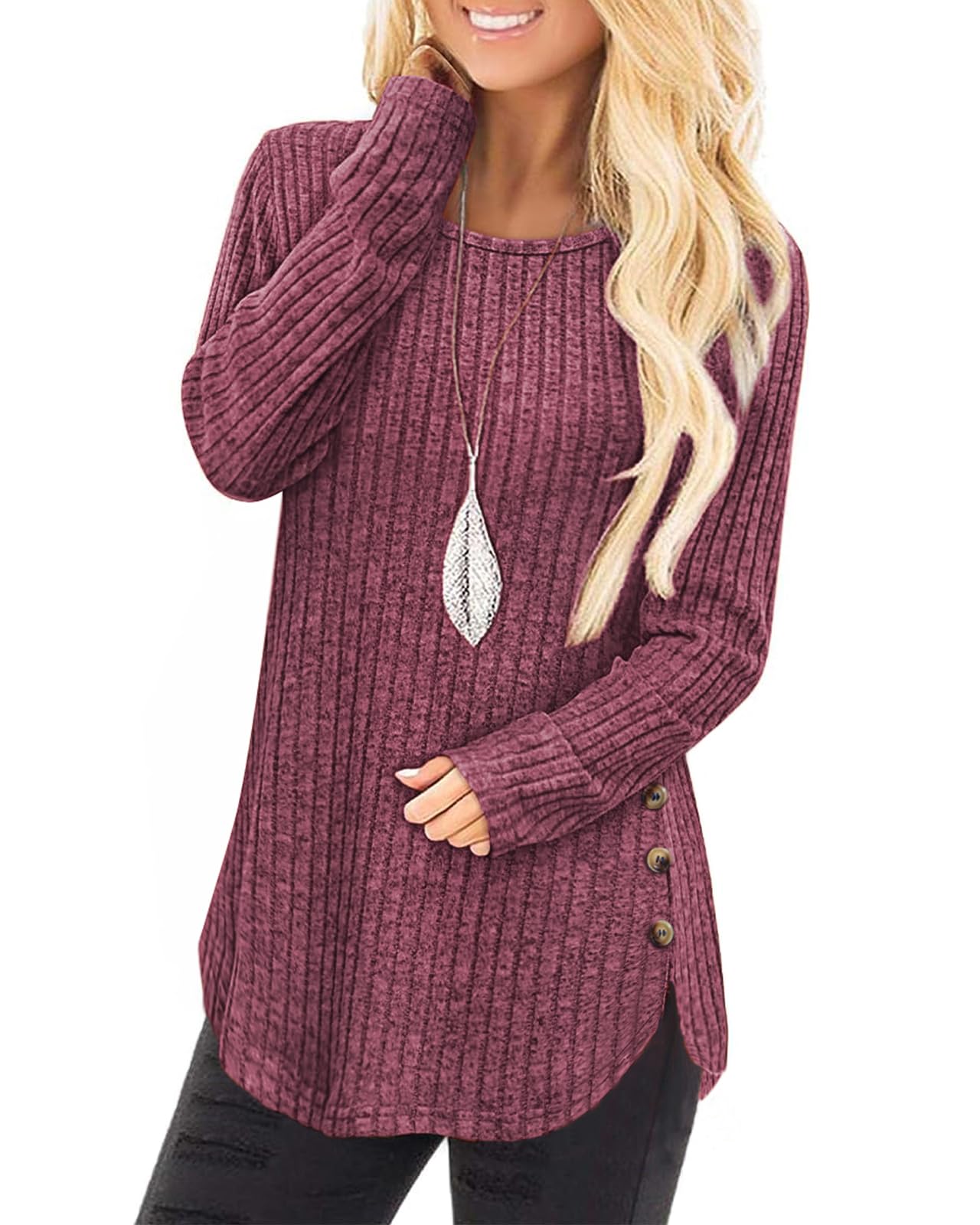 Tanmolo Damen Pullover Herbst elegant Oberteile Langarm Strickpullover mit Knopfdetail und Kabelstruktur Leichter Arc-Saum Rundhals Pulli