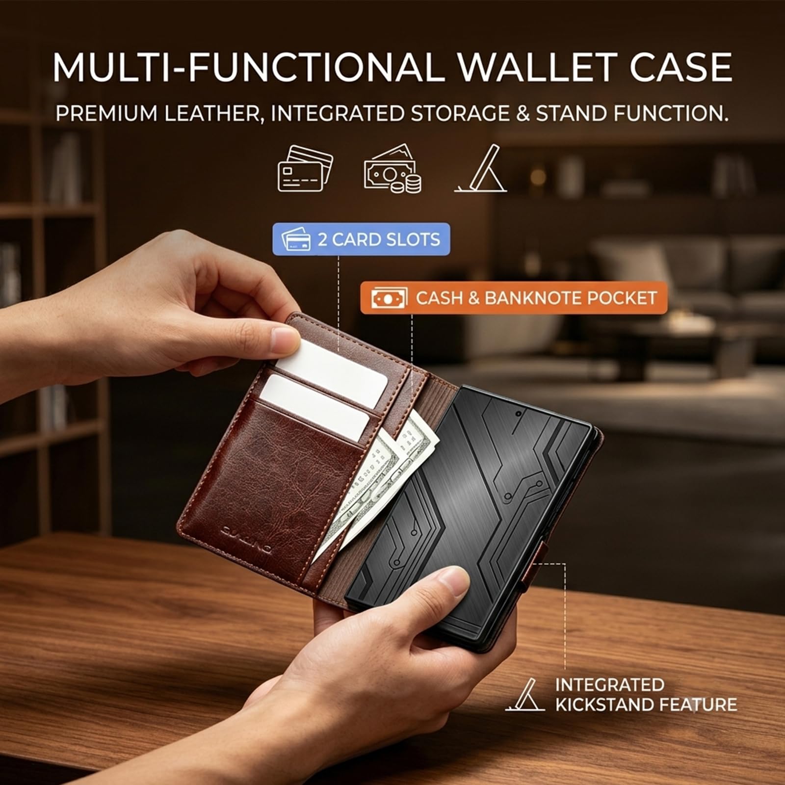 Custodia a portafoglio con cavalletto compatibile con Samsung Galaxy Z Fold 8, in vera pelle, colore nero