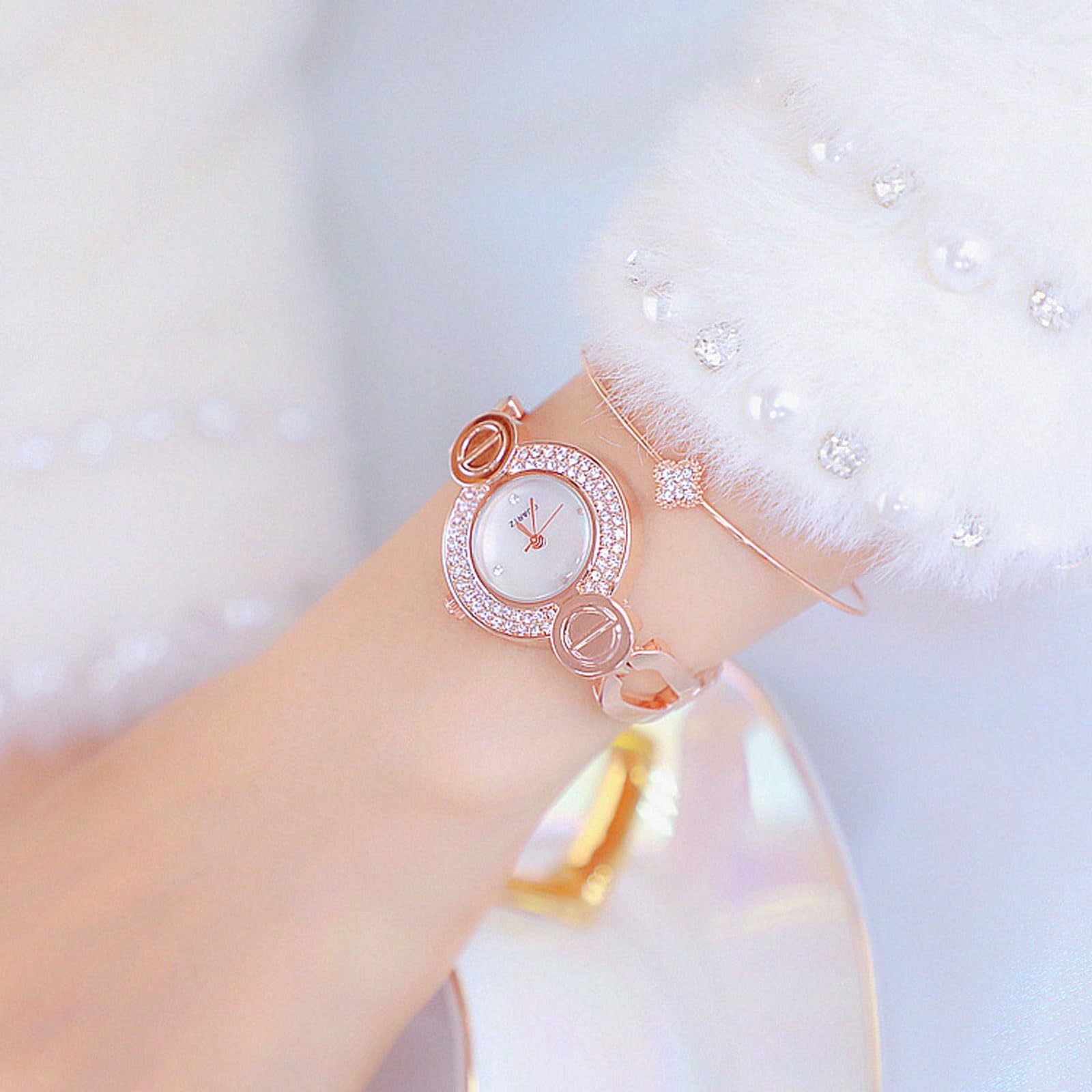 Reloj analógico de Cuarzo con Esfera Redonda y Correa Fina, Moderno y Lleno de Diamantes, Regalo de joyería de Lujo for Mujer, Paquete de 2 Reloj de Pulsera(Rose Gold)