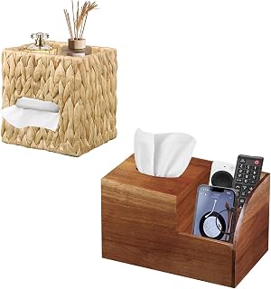 1 * Woven Tissue Box Cover Square with Storage Tray + 1 * Multi-Functional Wood Tissue Box Holder