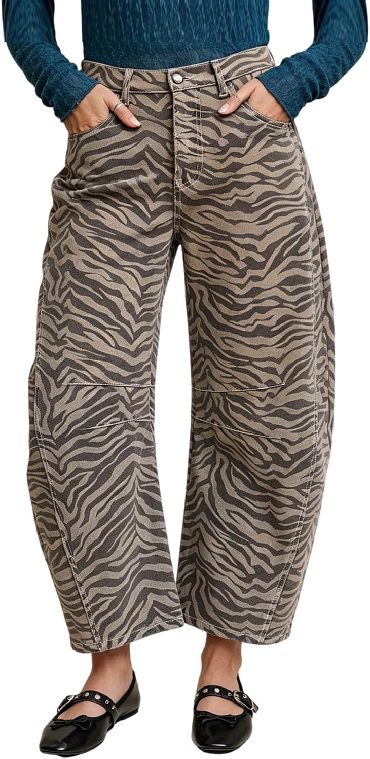 yoeasy Womens Baggy Barrel Jeans Zebra Print High Waisted Wide Leg Boyfriend Jeans Denim Cropped Pants