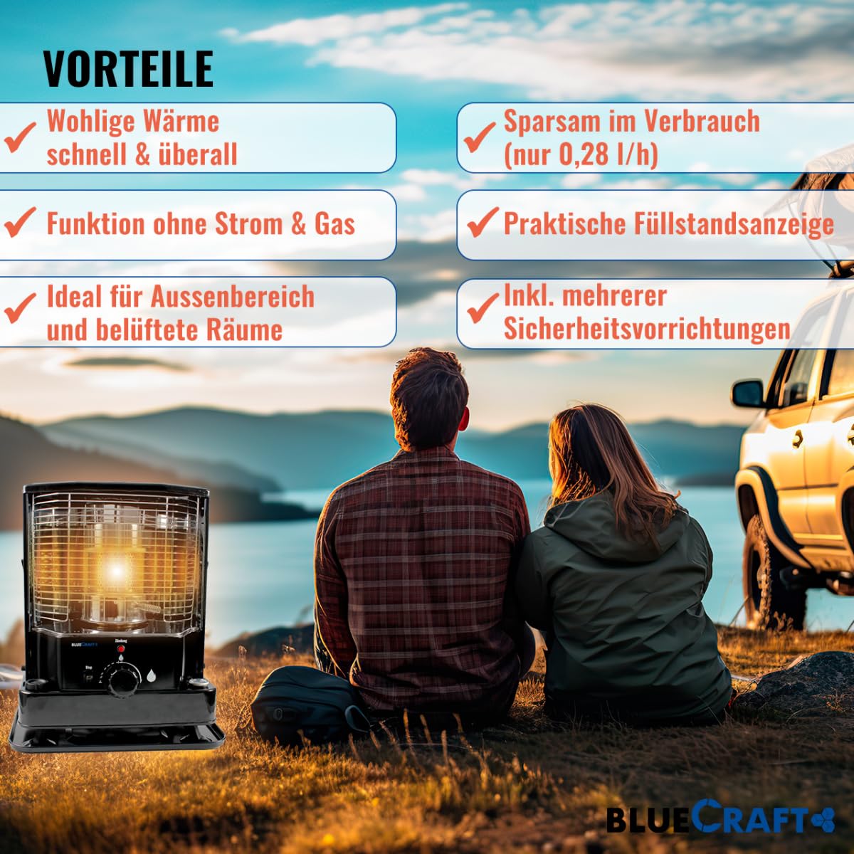 BlueCraft Petroleumofen Heizung ZT-85 inklusive Handpumpe für Petroleum L | Notofen | Camping-Heizung | Notheizung ohne Strom | Dochtofen