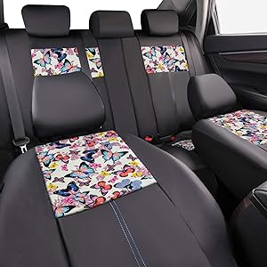 CAR-GRAND Universal Fit Pretty Butterfly and Flowers PU Leather Car Seat Covers with Zipper Design, Full Set Package,Airbag Compatible (Black with Beige)