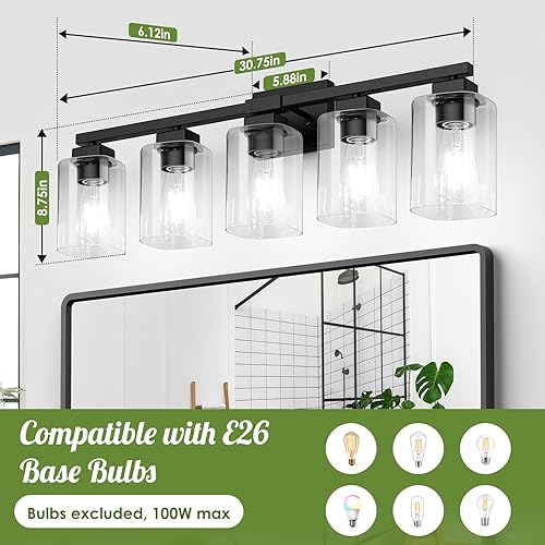 Miniatura 6 de BesLowe Lámpara de baño de 31 pulgadas con 5 luces, moderna luz negra para tocador de baño, accesorios de iluminación sobre espejo, lámpara de pared