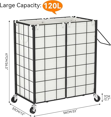 Miniatura 4 de WOWLIVE Cesta de lavandería doble con ruedas, marco de alambre de metal, cesta de lavandería con 2 bolsas extraíbles, cesta de ropa sucia de 120 L,