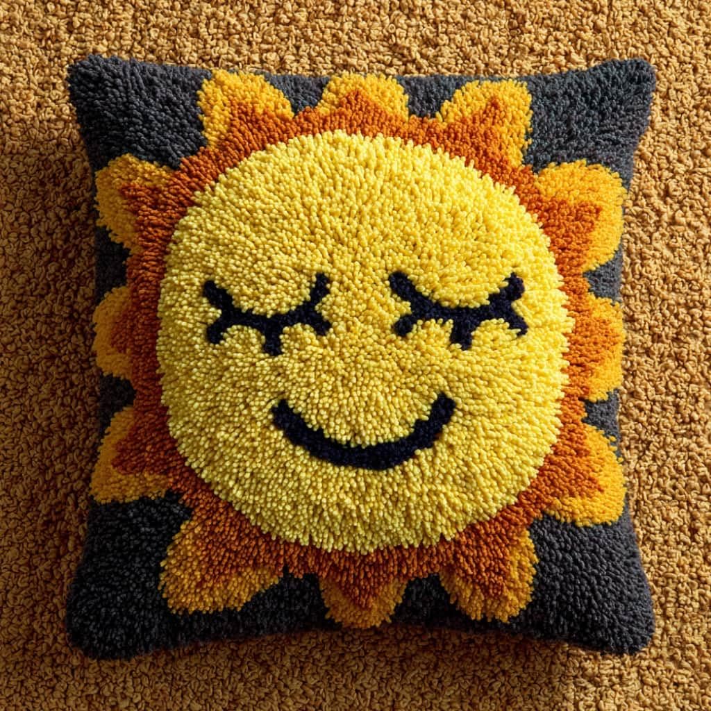WallustrioaW Latch Hook Pillow Kit -Smiling Sun Embroidery Art Craft Kit - All Ages - Unisex - 43X43Cm