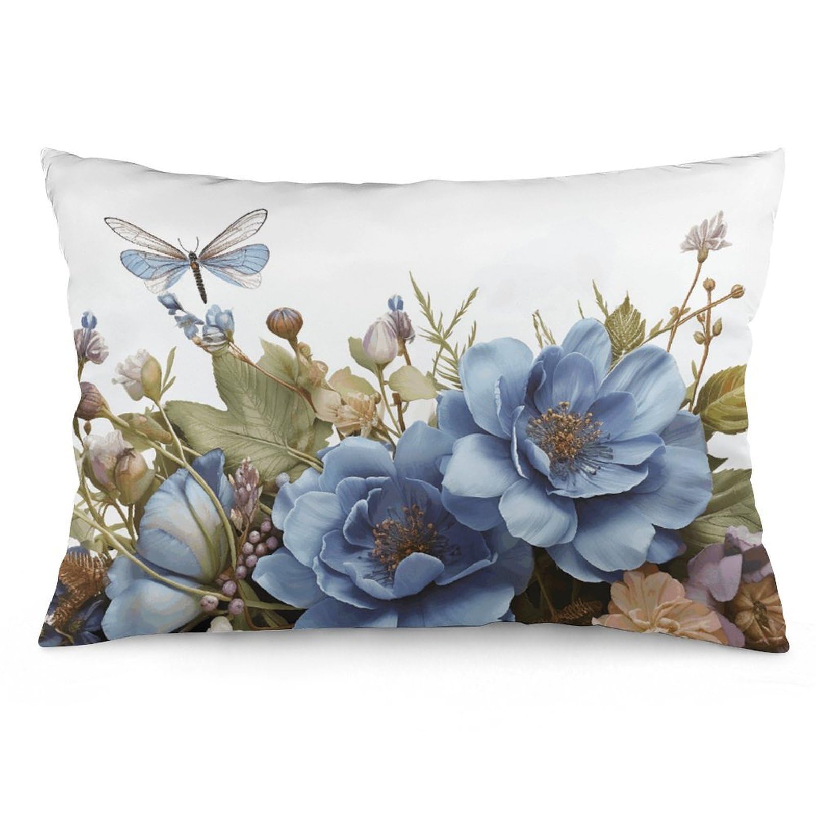 NONHAI 2 Pack Pillow Cases for Hair and Skin, Soft Breathable Pillow Case Covers with Hidden Zipper, Blue Flowers and Dragonfly Pillowcase 20"x30" Pillow Covers for Sleeping Gift
