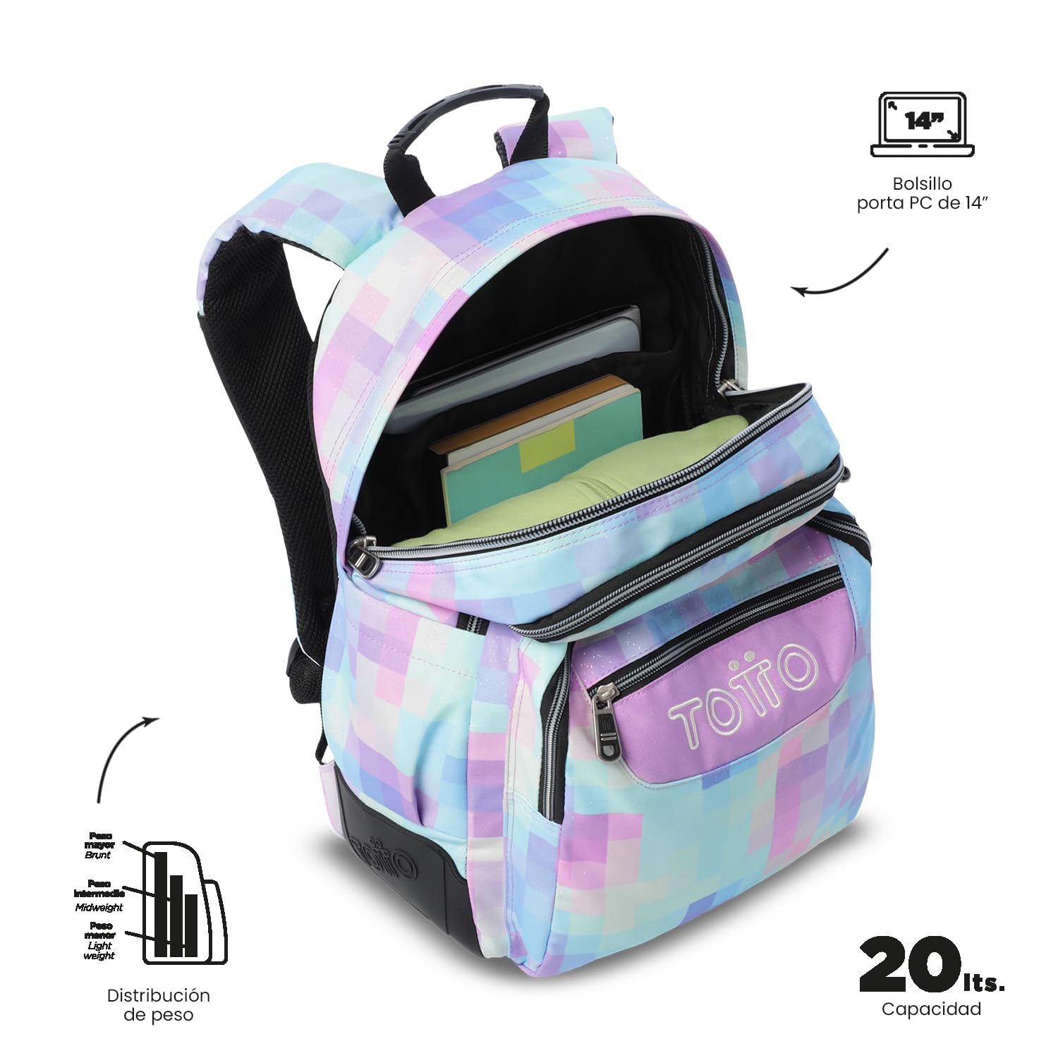 TOTTO - Mochila Escolar Grande, Modelo Rayol Glitter, Capacidad 19 L, 3 Compartimentos, 2 Bolsillos Botella, Bolsillo PC 14", Espaldar Ergonómico con Flujo de Aire, Correas en S, Estampado Pixelly