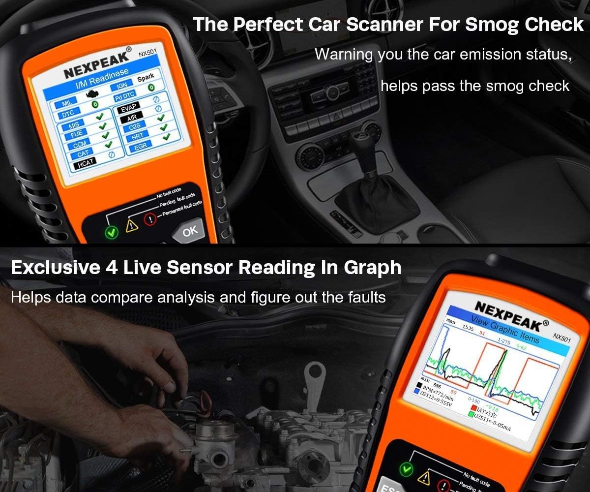 NEXPEAK NX501 scanner showing I/M Readiness status and a graphical display of live sensor data, highlighting its utility for smog checks and detailed analysis.