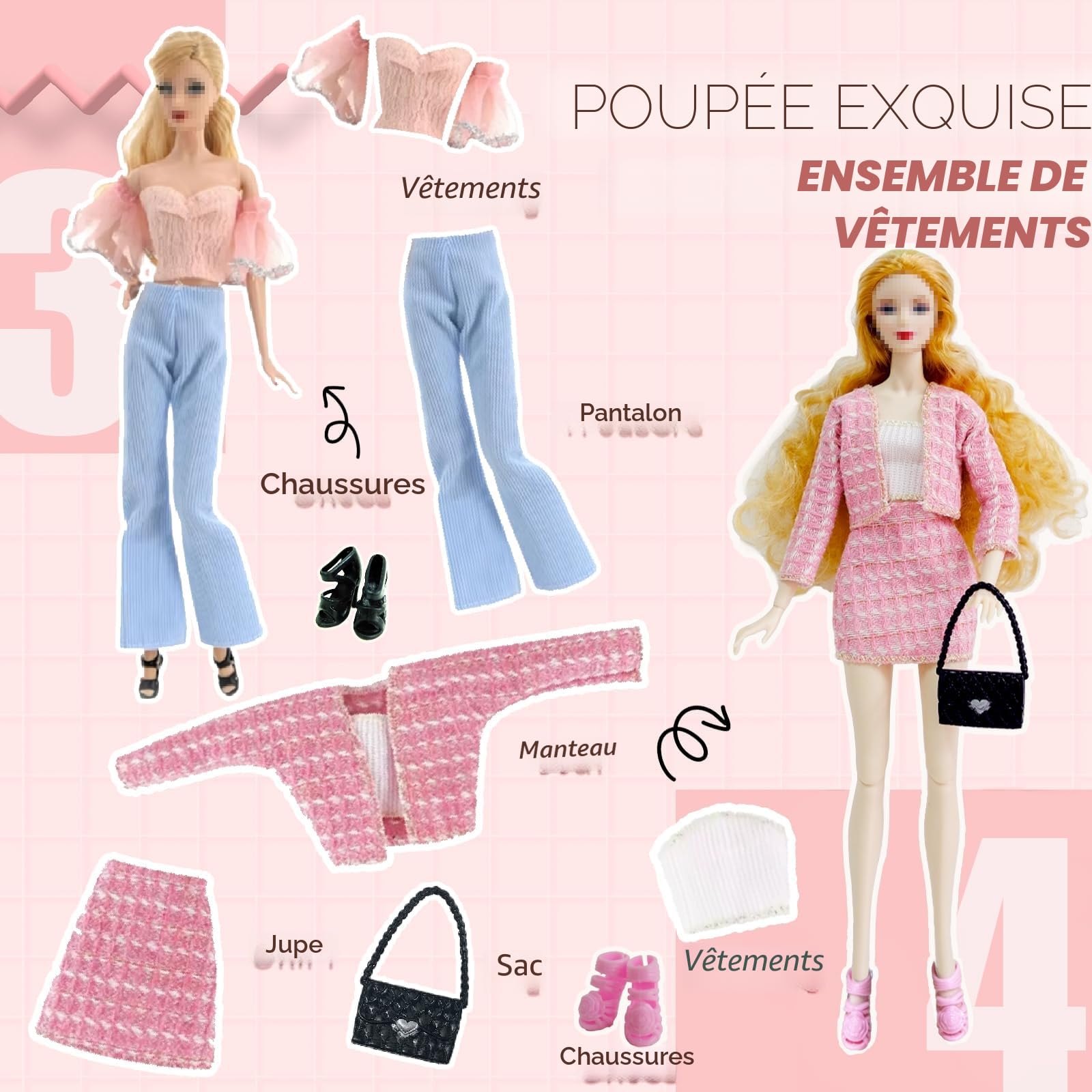 20 pcs Vêtements et Accessoires de Poupée pour Poupée 11,5 ", Inclure Robes de Soirée, Jupes, Costumes de Mode, Pantalons, Chapeaux, Chaussures, Sacs, Accessoires pour Cheveux, Cadeaux Fille
