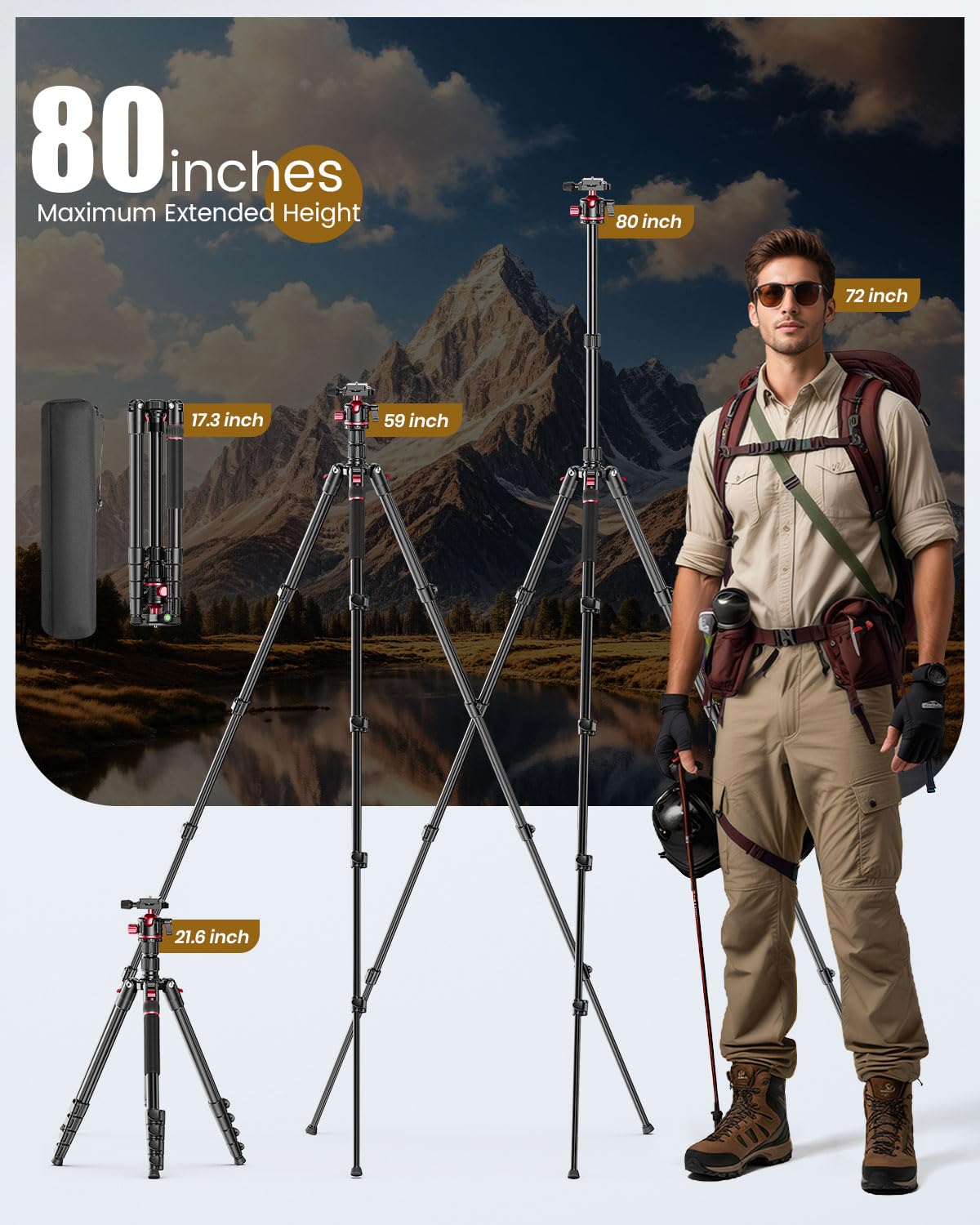CAMBOFOTO 80“ DSLR-Camera-Tripod, Photography 360 Ball Head Professional Aluminum Tripod & Monopod with Carry Bag Compatible with Canon Nikon Binoculars Laser Telescope (Weight 3.35 Lbs, 15Lbs Load)
