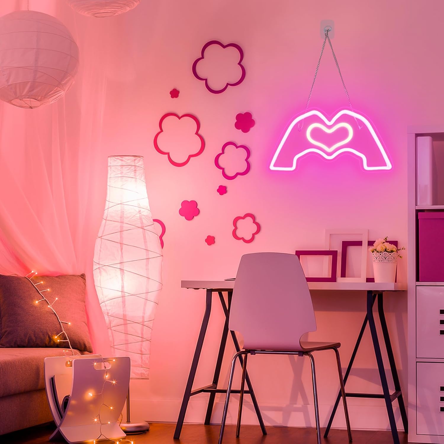 Heart Hands Neon Sign Light, Pink Neon Light Signs for Wall Decor Aesthetic, Dimmable and USB Powered Led Light for Girls Room, Bedroom, Living Room, Wedding Birthday Party Decor 15.7"