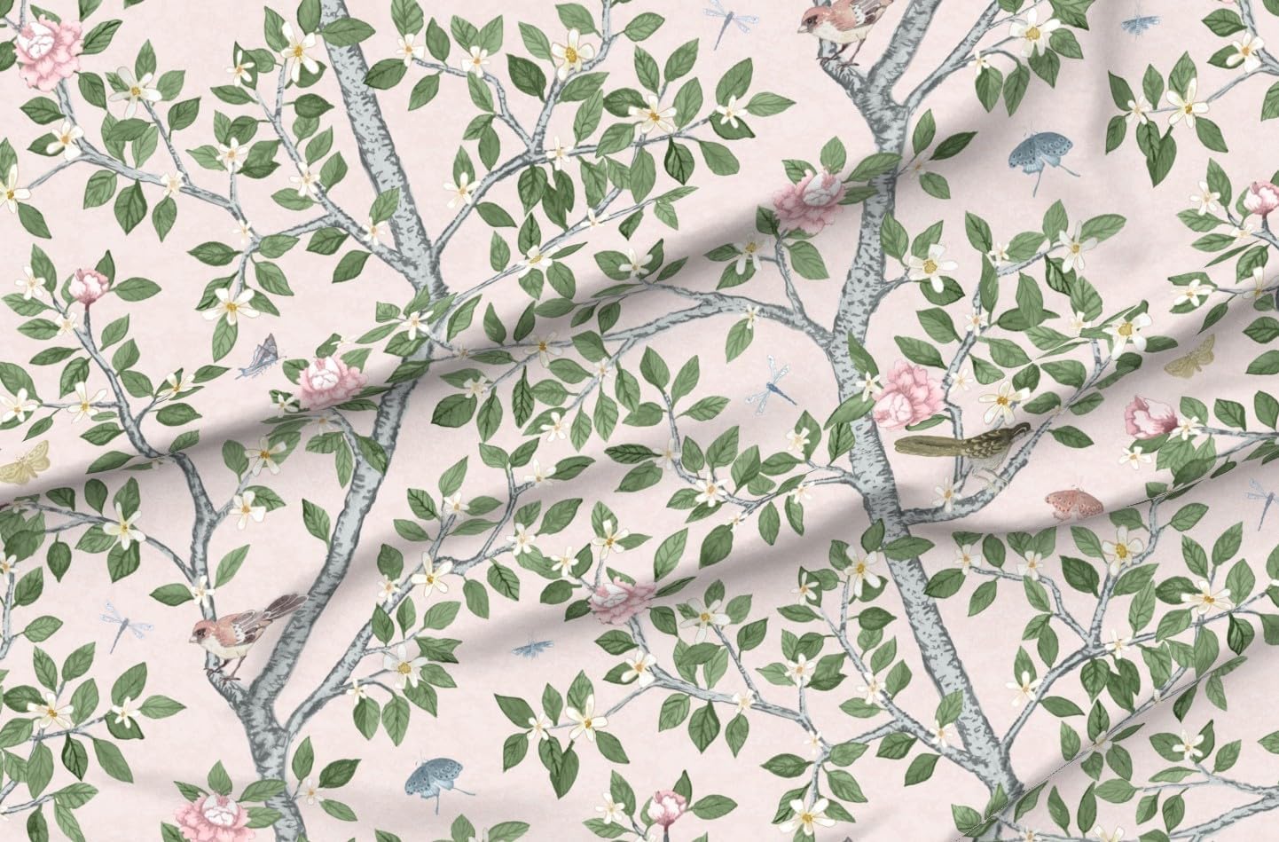 Spoonflower Fabric - Peony Chinoiserie Pale Pink Grandmillennial Large Scale Garden Nature Printed on Petal Cotton Fabric Fat Quarter - Sewing Quilting Apparel Crafts Decor