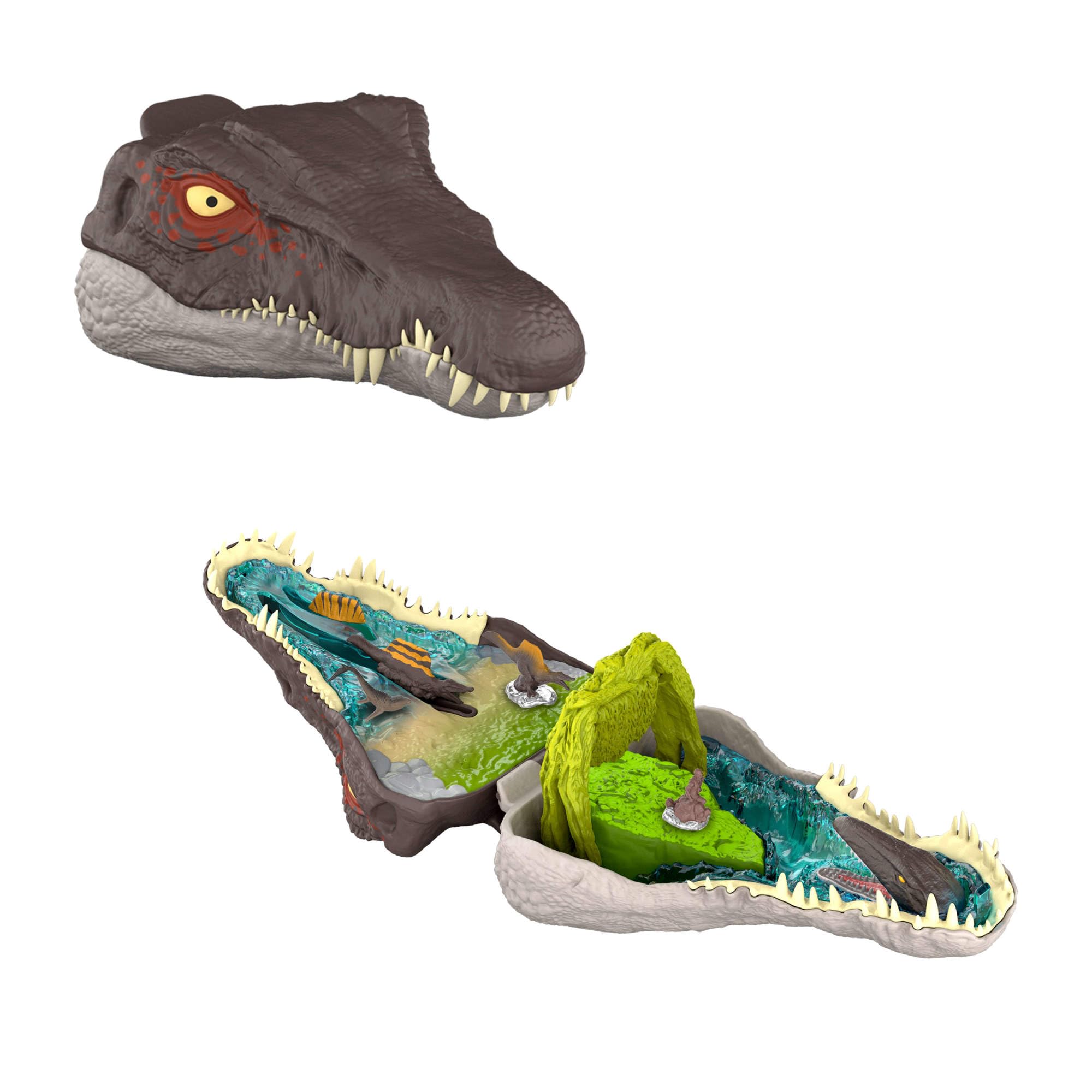 Mattel Jurassic World: Renaissance Coffret Micro Aventures Spinosaure , avec la tête du spinosaure qui s’ouvre et intègre 4 fonctions interactives, 3 mini-figurines, figurine dinosaure, JGB98