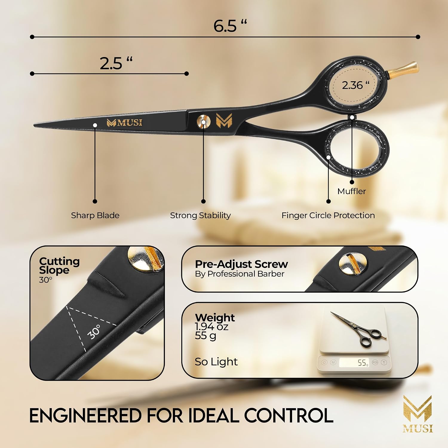 Barber Hair Cutting Scissors 6.5" – 420 Japanese Standard Stainless Steel Hair Scissors – Premium Shears for Professional Haircut – Black Sharp Shears with Hair and Beard Comb