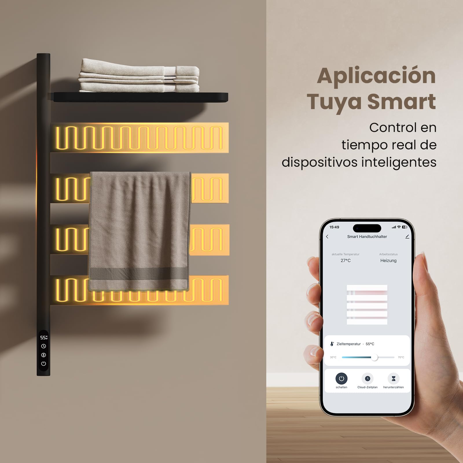 EMKE Toallero Eléctrico de Baño, Toallero Giratorio a 180°, Toallero Inteligente con Wi-Fi, Toallero Eléctrico 120W, Negro, 760x450x140 mm