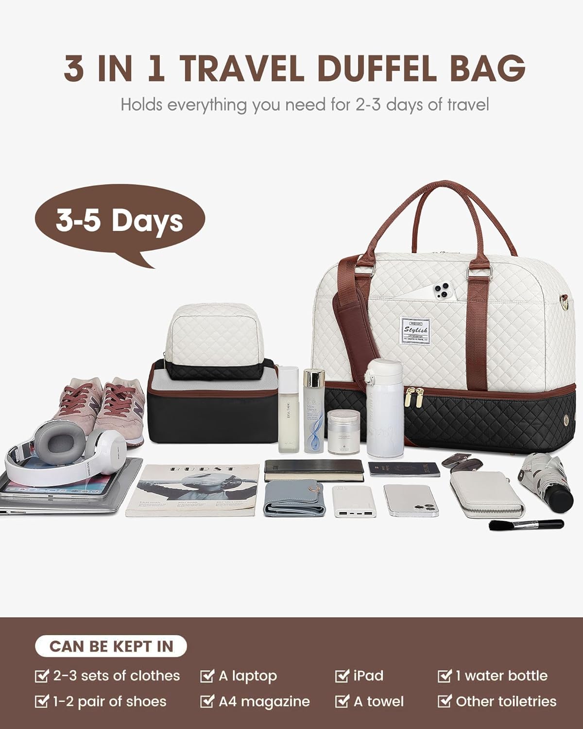 Travel Duffle Bags for Women - Overnight Weekender Bags With Toiletry Bag Carry On Duffel Bags with Shoe Compartment Hospital Bag with Wet Pocket for Labor Delivery Black Brown - Image 7