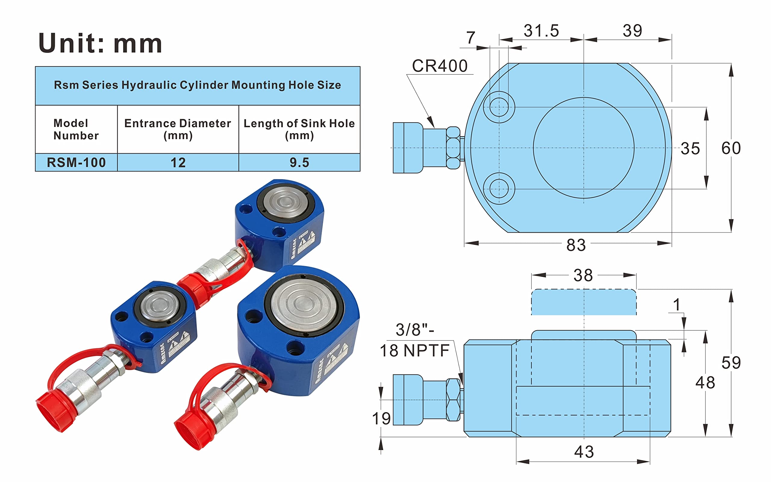 AMZCNC Cilindro hidráulico 10T de Perfil bajo, Cilindro hidráulico de una Sola sección, Mini Gato Ram de 12 mm de Carrera para maquinaria de construcción Naval