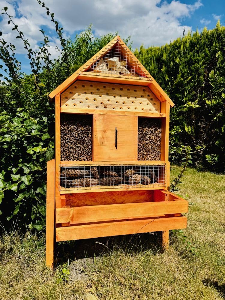 Casetta per insetti XL realizzata a mano in legno massiccio per le api selvatiche, con fioriera, marrone laccato, con sottovaso, 97 x 51 x 18 cm (altezza x larghezza x profondità)