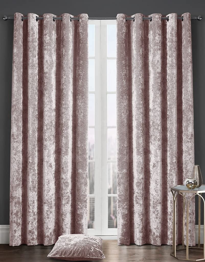 Goldstar Blush Pink Crushed Velvet Eyelet Fully Lined Curtains, 66 X 90 Inch,