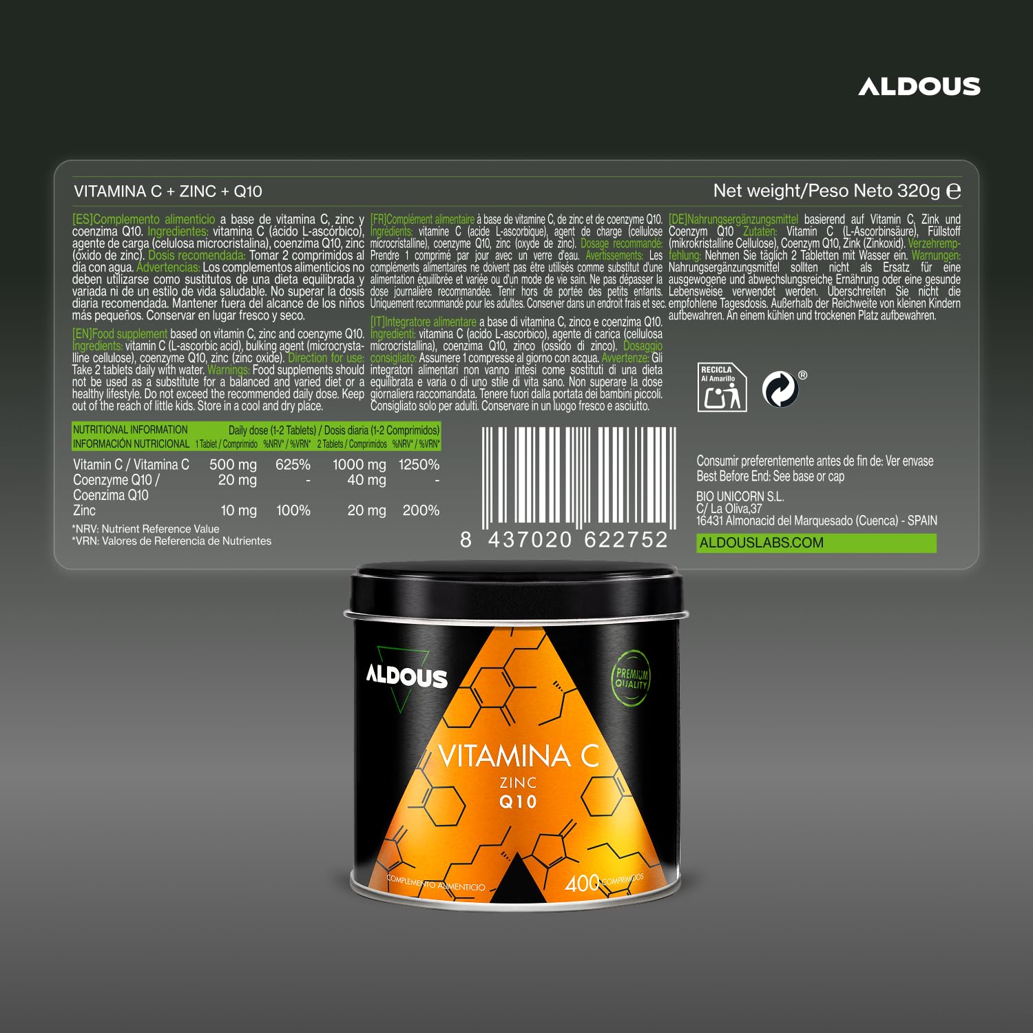 Vitamina C + Zinco + Q10-400 Compresse (Scorta per +1 Anno) - Vitamina C Alto Dosaggio - 100% Naturale - Integratori Stanchezza, Integratore Difese Immunitarie - ALDOUS