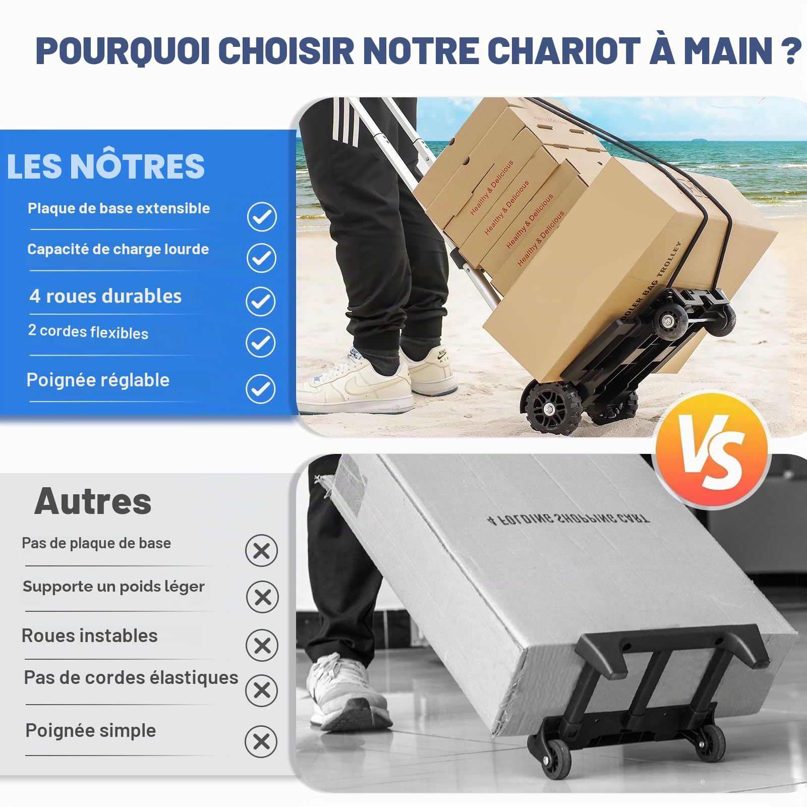 ZHJINGYU Diable Pliant en Aluminium 4 Roues - 45KG Capacité | Léger & Résistant - Extensible + 2 Cordons Elastiques - Diable Pliable pour Déménagement, Coursiers, Voyages & Bureau