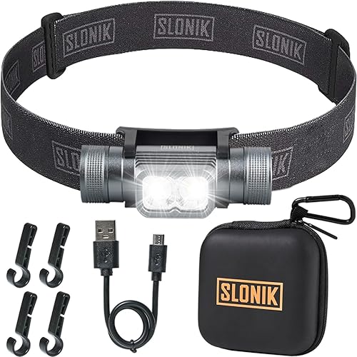 SLONIK - Linterna frontal - Linterna LED recargable por USB de 1000 lúmenes - Linterna frontal impermeable IPX8 con haz de luz brillante de 60 pies