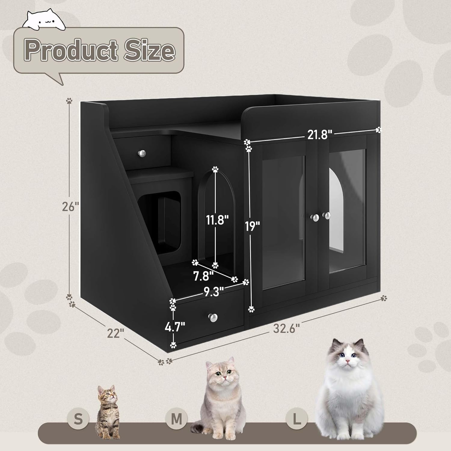 32.6" Cat Litter Box Furniture with LED, Hidden Litter Box Furniture with Storage, Enclosed Wood Cat House with Stairs & Doors, Farmhouse, Suitable for Living Room Bedroom (Black)
