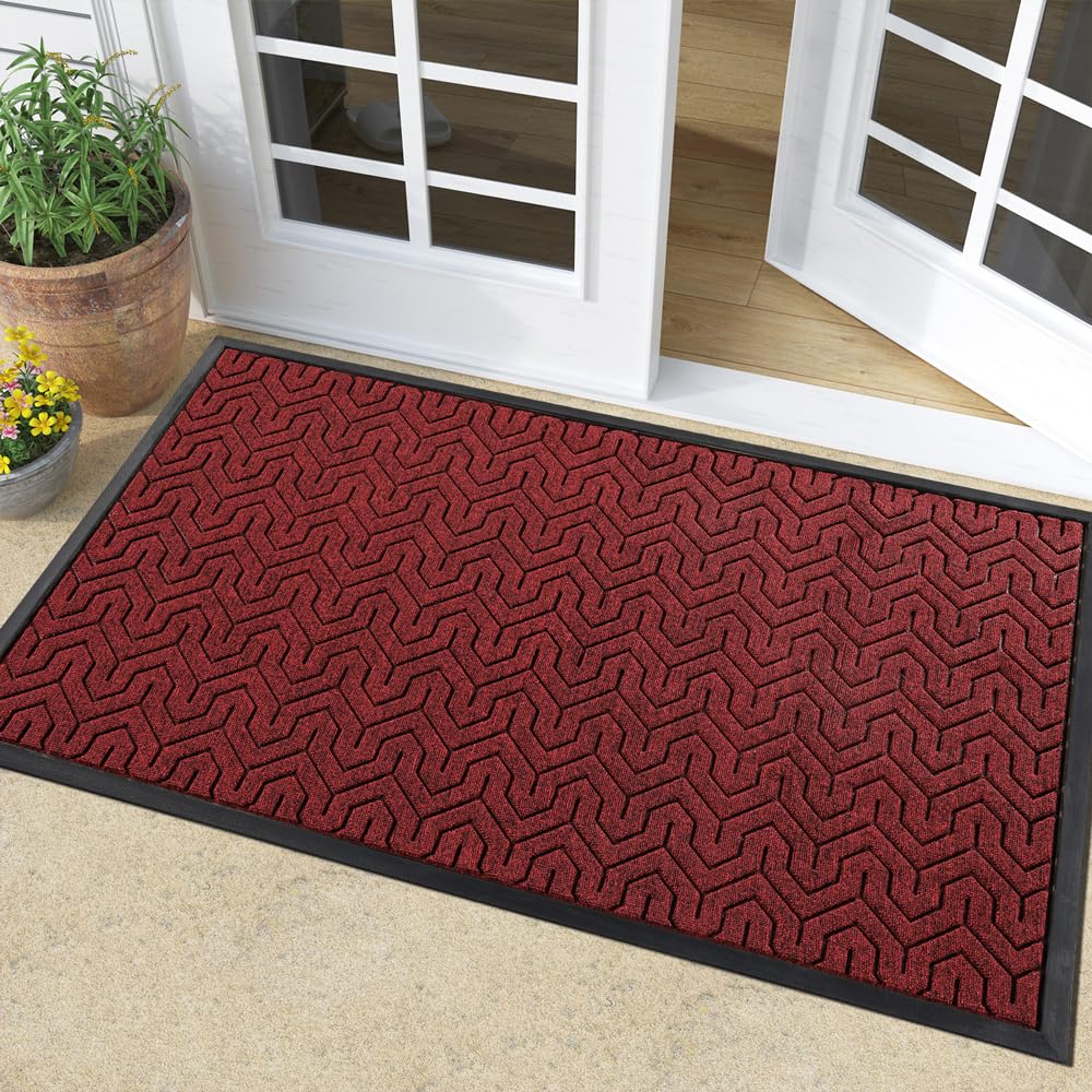 Yimobra Door Mat, All-Season Heavy Duty Doormat for Front Door Entrance, Non Slip Outside Mats for Home Entryway Floor, Low-Profile, Easy Clean, Garden and Patio, 36"x24", Black Red