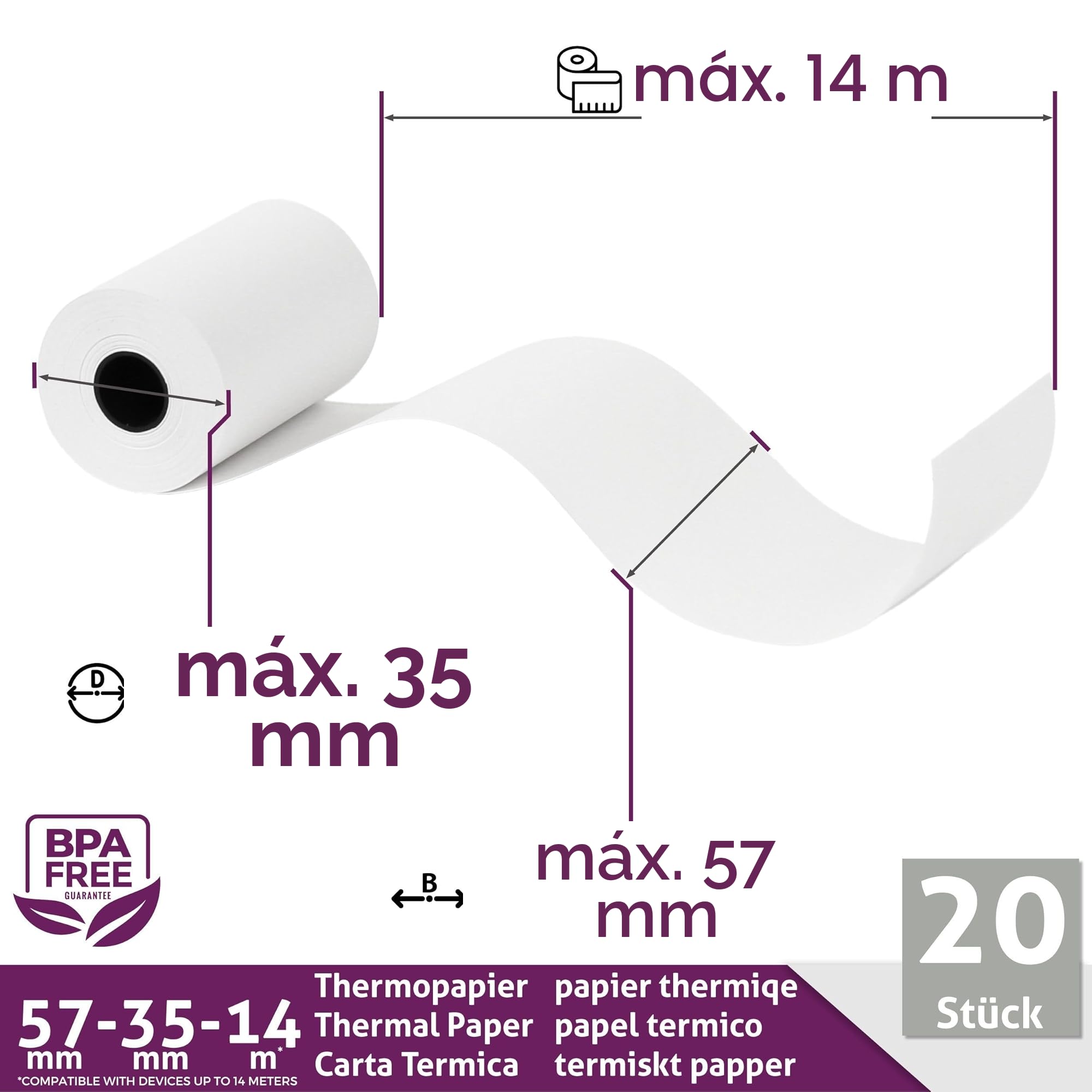 LYNNE - Rollos Papel Datafono Térmico 57x35x12mm para todos los TPV y las impresora térmica - Rollo papel térmico 57mm x 35mm x 14m - Ideal para máquinas de tarjetas de Crédito - Papel TPV [20x]