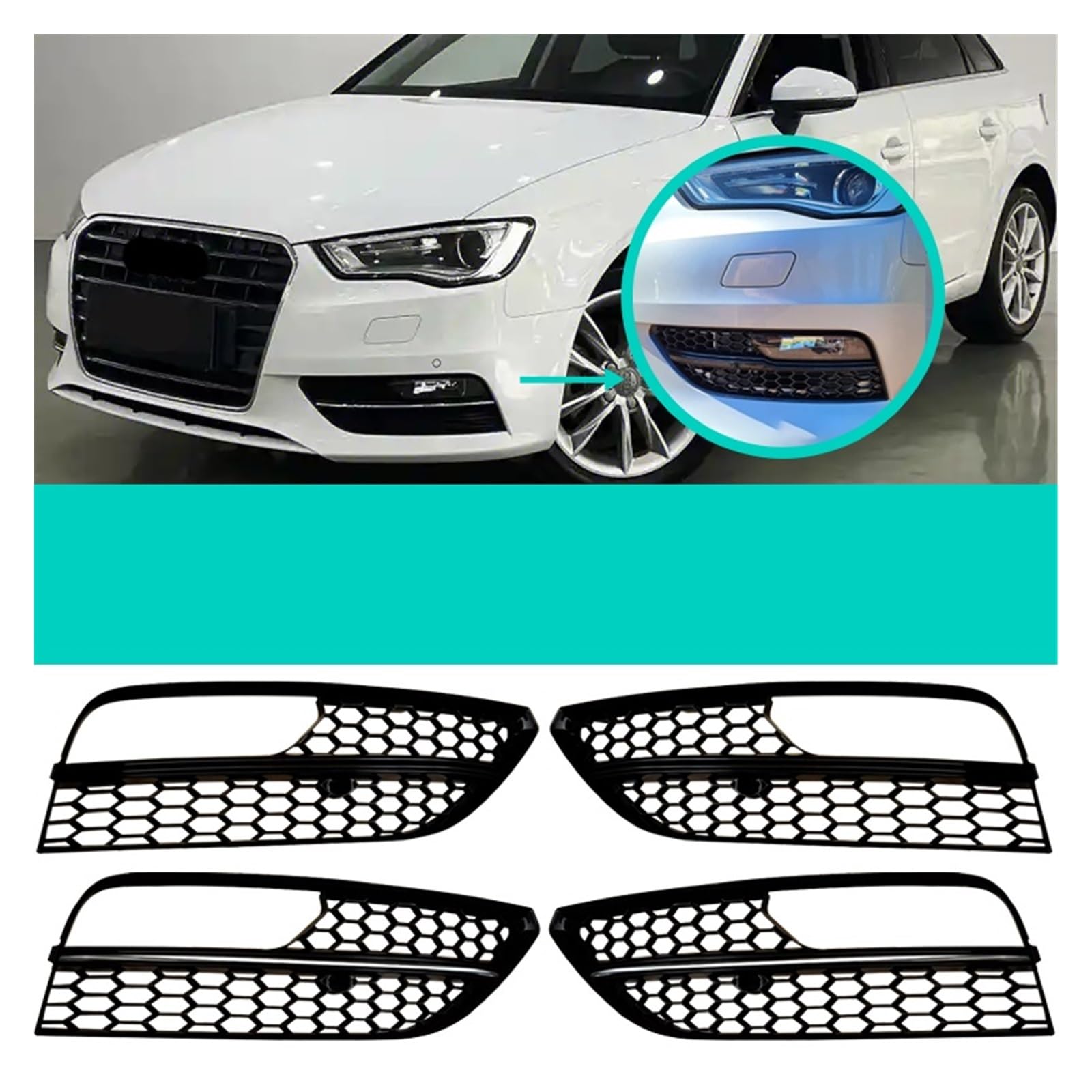 Griglia fendinebbia paraurti anteriore a nido d'ape compatibile con Audi A3 Standard 2012, 2013, 2014, 2015, 2016, accessori per auto.(Chrome Sliver)