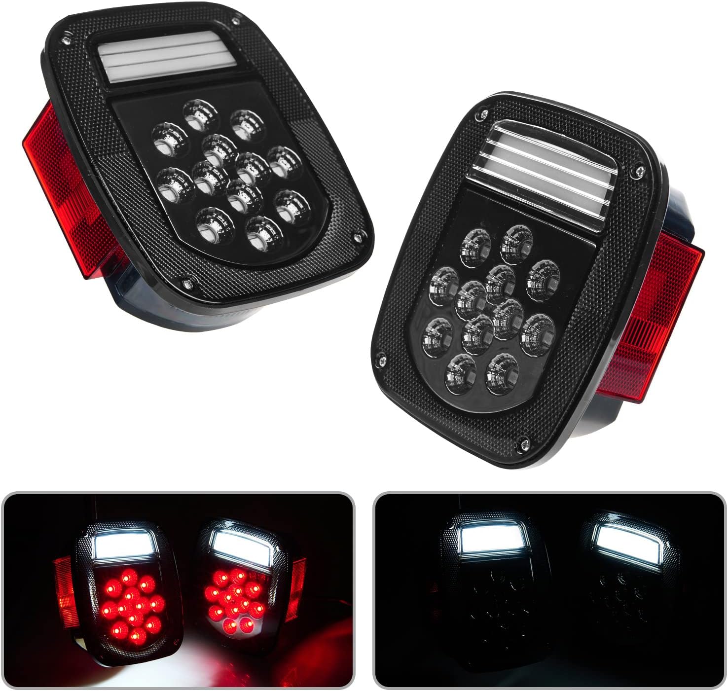 LED Replacement Tail Lights Taillights for 1979-2006 Jeep Wrangler TJ YJ CJ-5 CJ-7 , Smoke Lens BAR Square Brake Stop Turn Signal Reverse License Plate lamp w/ Side Marker Light Assembly, 2PCS