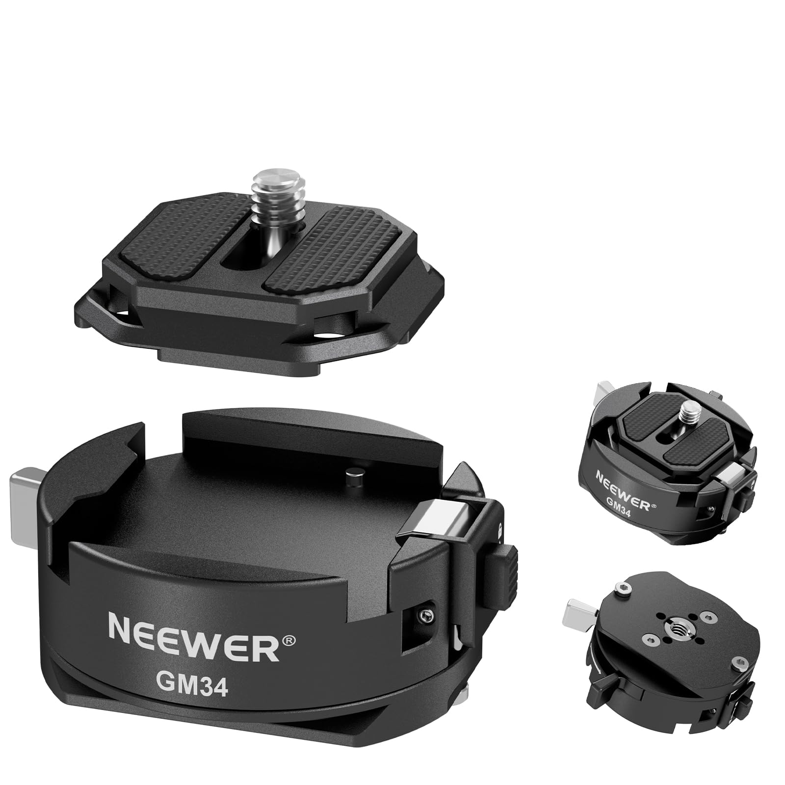 NEEWER GM34 Kamera Schnellwechselplatten Set, Schnellwechsel Automatikverriegelung, quadratische QR Montageplatte mit Arca Klemme, kompatibel mit Arca Swiss, Kameraklammer, maximale Belastung 11lb/5kg