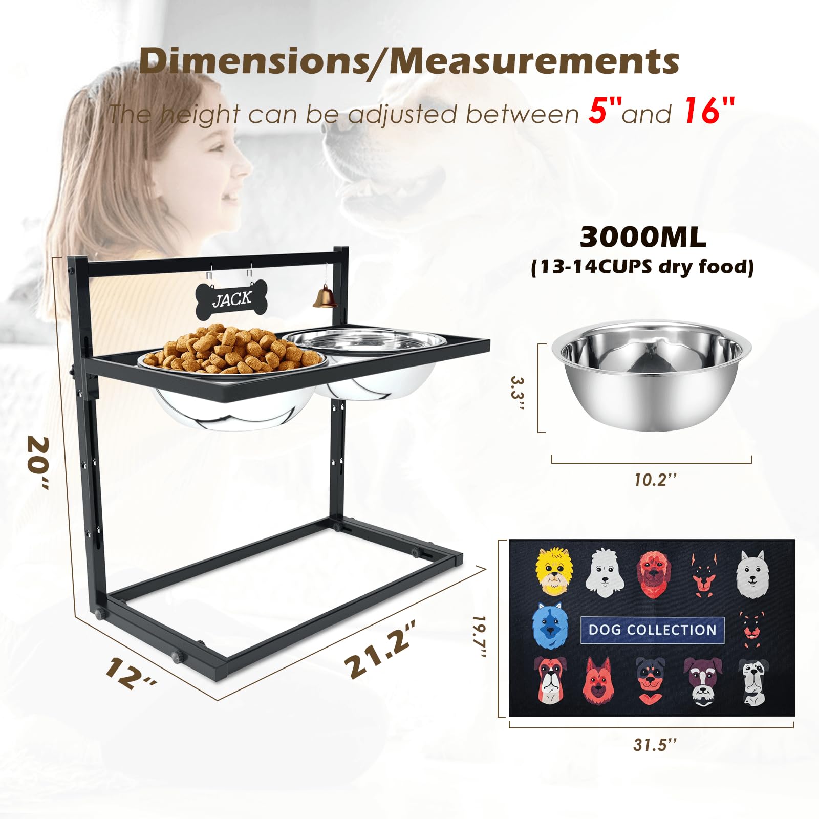 Ciotole per cani rialzate per cani di taglia grande e cani di taglia XL, supporto rialzato per cani regolabile in altezza con due ciotole per cibo per cani in acciaio inossidabile da 3000 ml (13-14