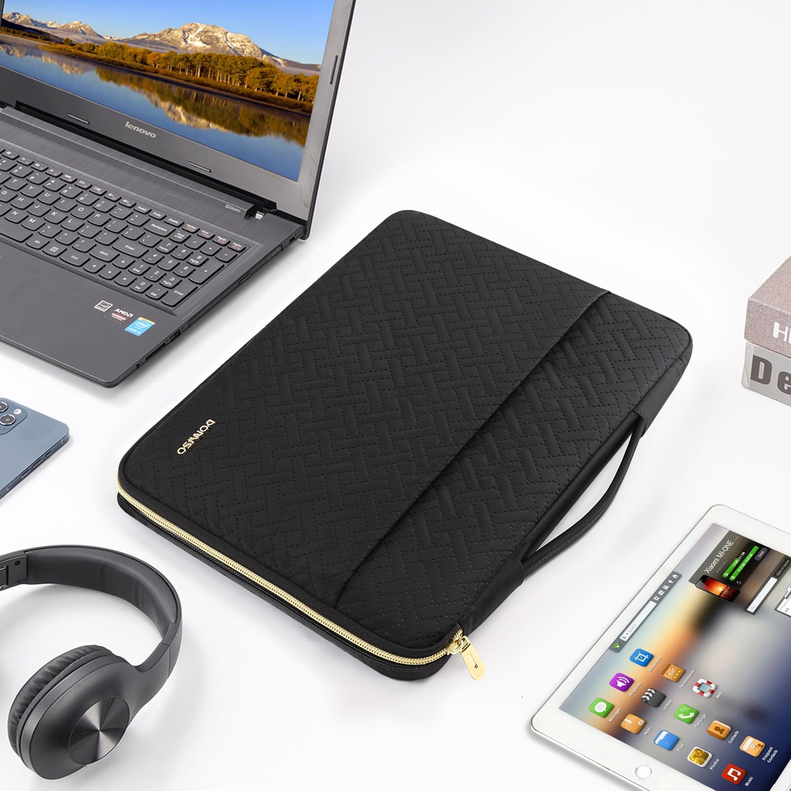 DOMISO Funda para Portatil Ordenador 14 Pulgadas,MacBook Air 15 M4 M3 M2 2025/MacBook Pro,Bolsa para 14-15 Pulgadas Lenovo,HP,DELL,ASUS Chromebook,Laptop PC Case Sleeve con Asa,Negro