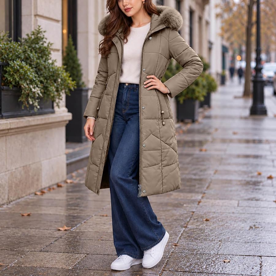 Winter Coats Women Faux Fur Hood Quilted Padded Jacket Warm Puffer Parka | Ladies Long Puffer Coat with Faux Fur Hood Zip Up Quilted Winter Padded Parka Thermal Cotton Jacket with Pockets Outerwear, image 2