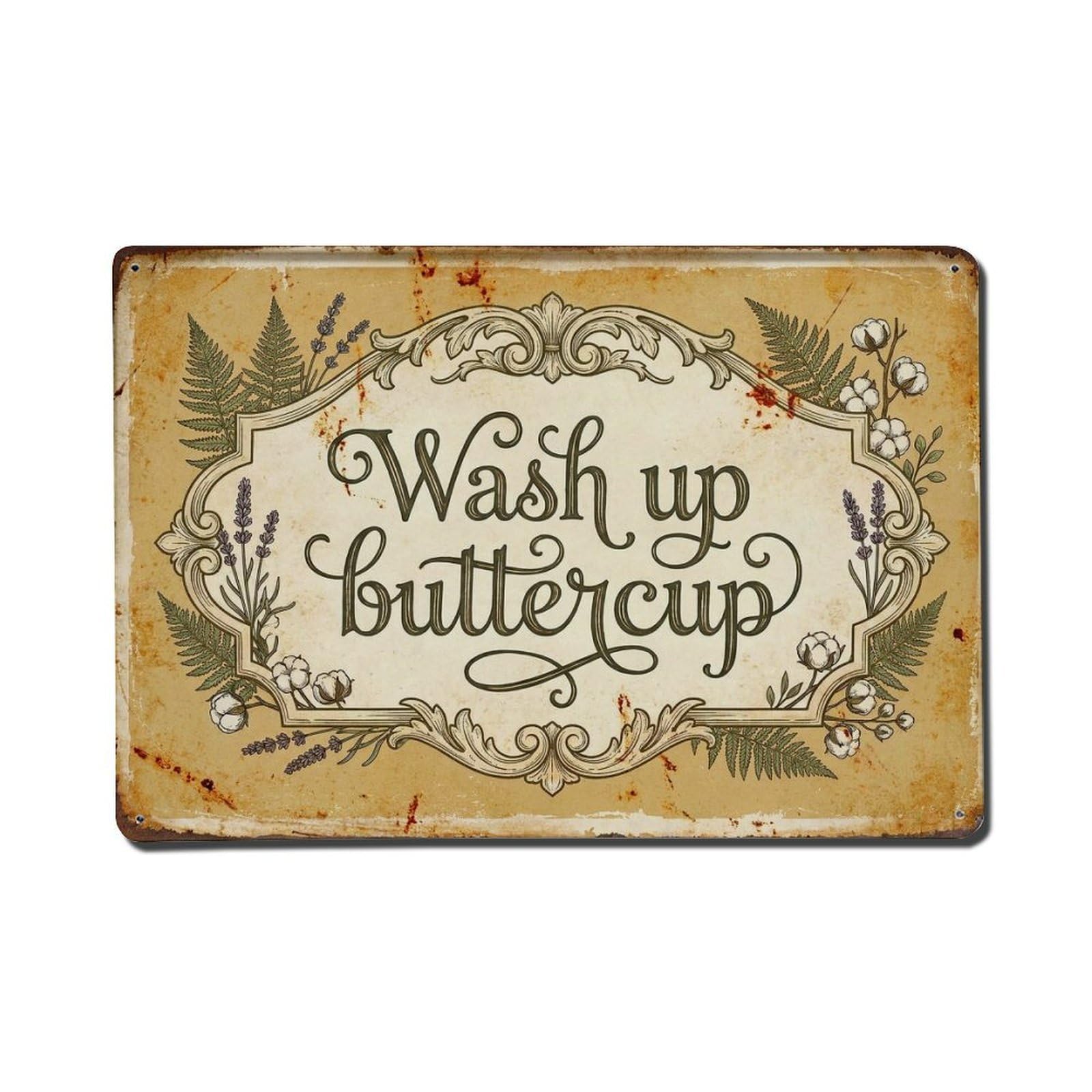 Olhnbad Style Wash Up Buttercup Hand Washing Quote Farmhouse Metal Tin Sign