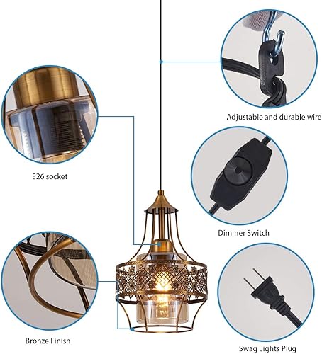 Miniatura 7 de YLONG-ZS Lámpara colgante con enchufe de granja, lámpara colgante de cristal dorada, luces vintage con cable de enchufe de 16 pies para isla de