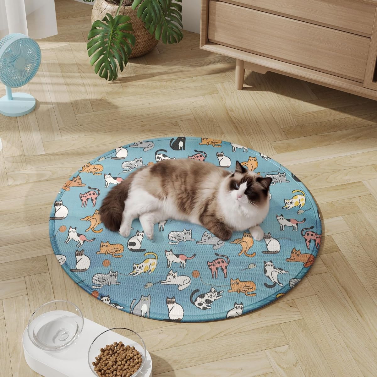 Mateju Dog Cooling Mat Round Pet Cooling Mat No Gel, Puppy Paradise Series Reusable Washable Pet Cool Pad Self Cool Ice Silk Pad for Home Travel, Dogs Cats in Hot Summer (Blue 2,40x40cm)