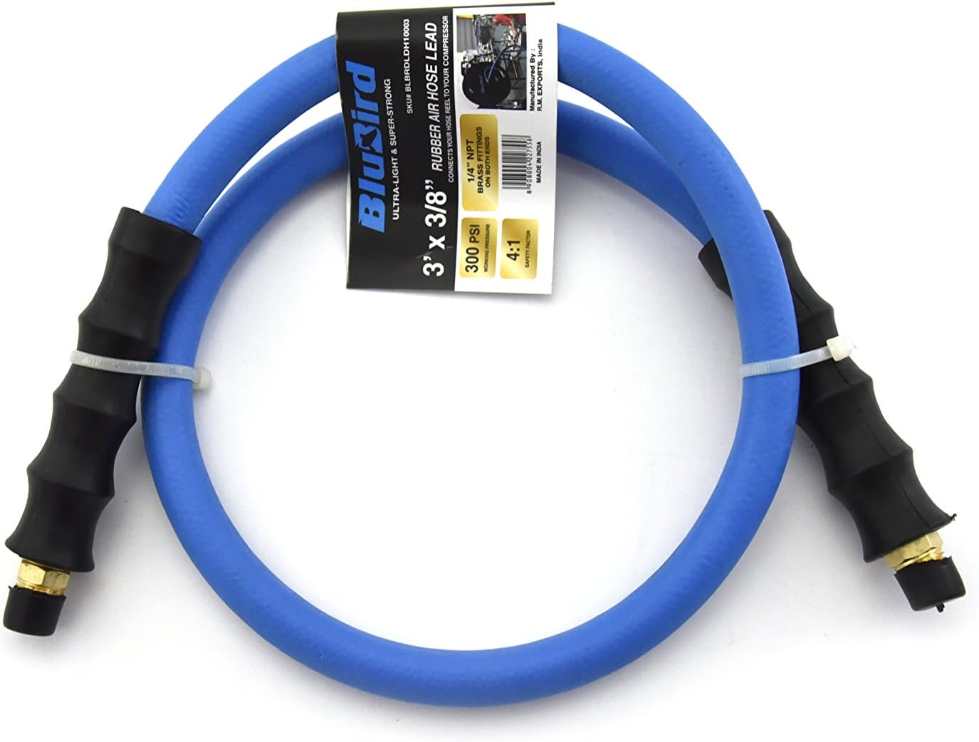 BLUBIRD BBLD3803 3/8" x 3' Rubber Air Leader Hose, 100% Rubber, Lightest, Strongest, Most Flexible, 300 PSI, 50F to 190F Degrees, Ozone Resistant, High Strength Polyester Braided